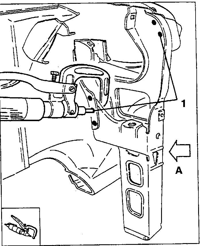 Removing the side panel welding points (1) with a chamfering machine; view A indicated