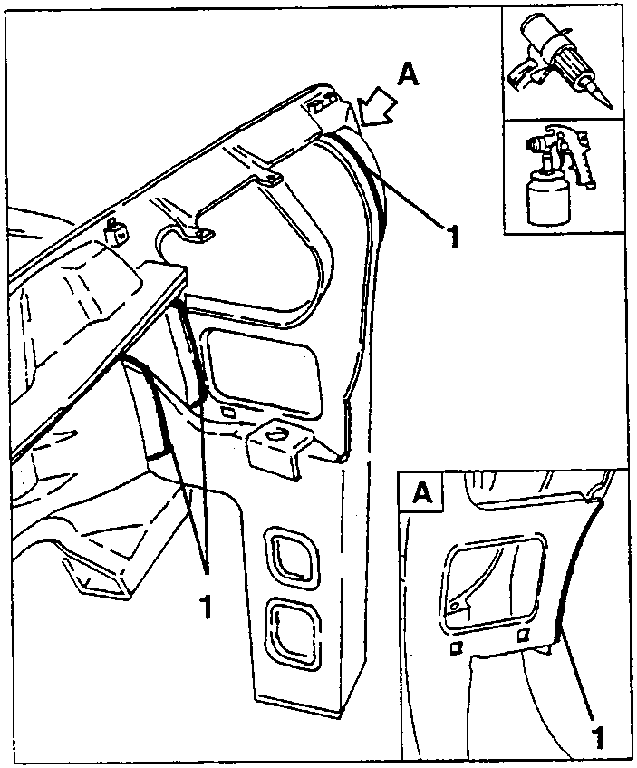 Sealant lines (1) on the side panel, with detail A