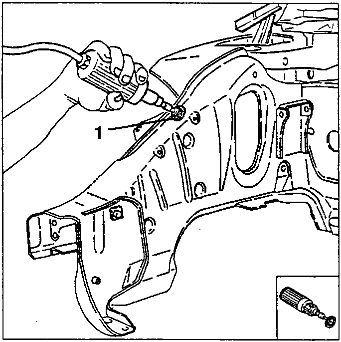 Cleaning the welding points (1) of the partial front outer side panel with a rotating brush