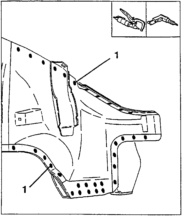 Welding points (1) of the front outer side panel to be removed