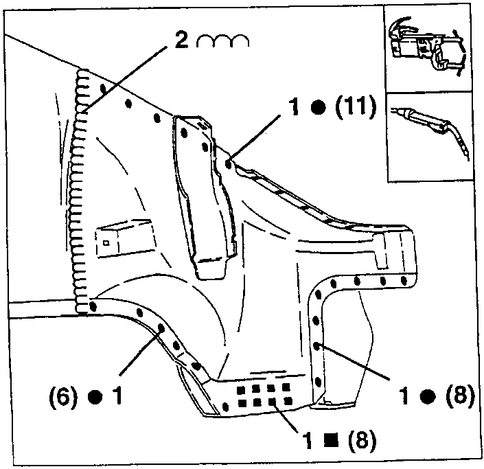 Weld points: (11), (6) and (8) spot welds at 1, (8) MIG welds at 1, seam weld 2