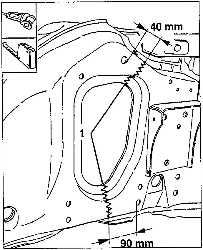 Cutting line (1) on the inner side panel, with dimensions 40 mm and 90 mm