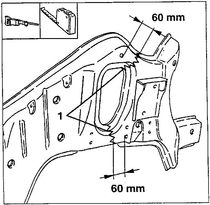 Cutting line (1) on the new inner side panel, with dimensions 60 mm and 60 mm