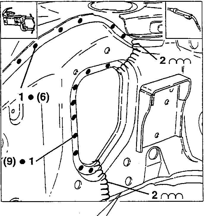 Illustration showing welding spots and seams on body panel