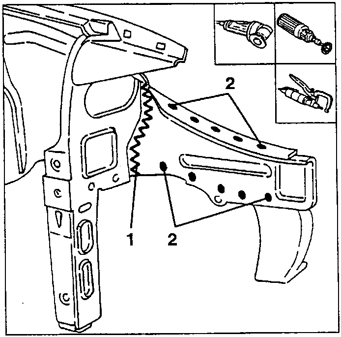 Cut lines (1) and spot-weld points (2) on the external front side panel