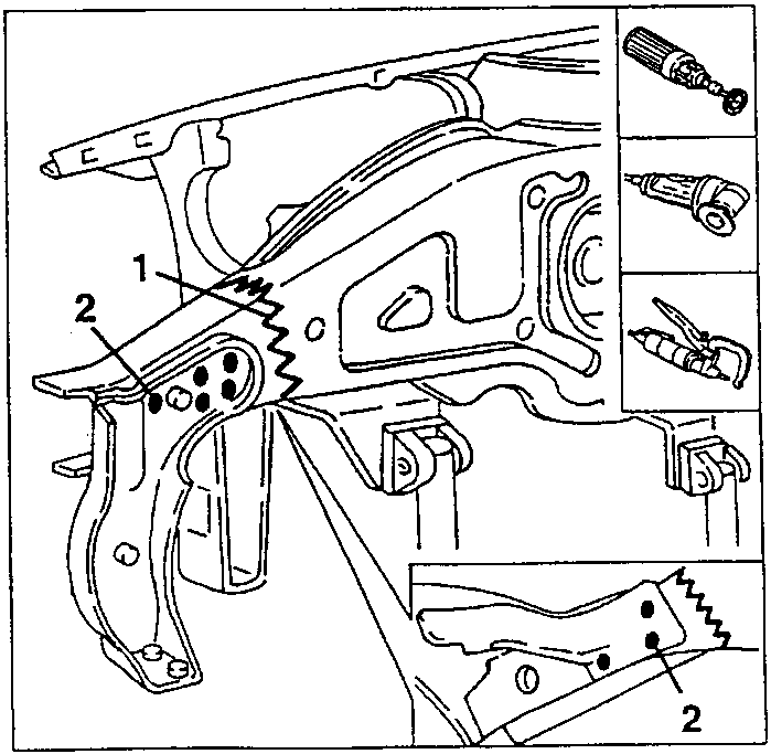 Cut lines (1) and spot-weld points (2) on the internal front side panel