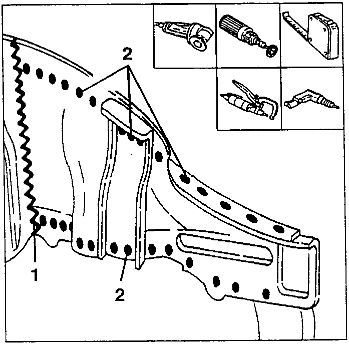 Cut line (1) and spot-weld points (2) on the front side panel