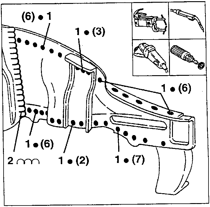 Spot and MIG welding the outer side panel with weld counts (6), (3), (6), (2), (7) and a seam weld
