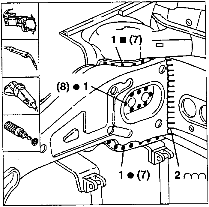 Spot and MIG welding the inner side panel with weld counts (7), (8), (7) and a seam weld