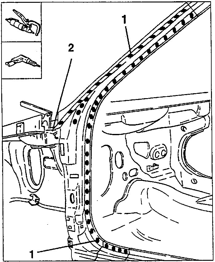 Front pillar with welding points (1) and clinch tabs (2) to be opened