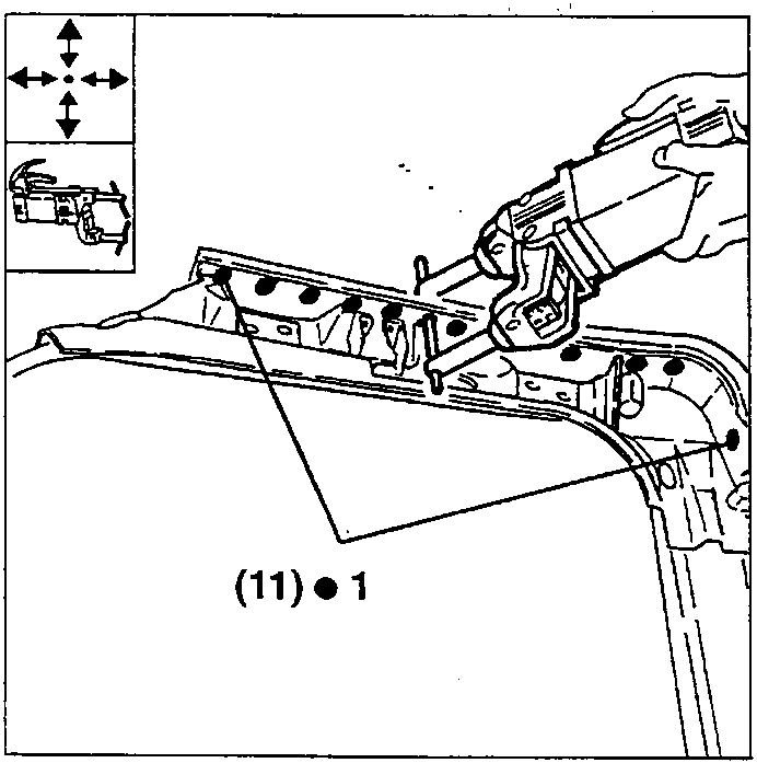 Spot-welding the front pillar frame, 11 weld points at position 1