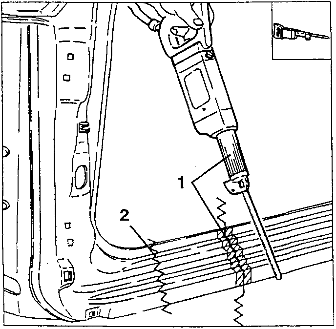 Trimming the lower sheet metal panels with a jig saw (1) and cutting the access plug (2)