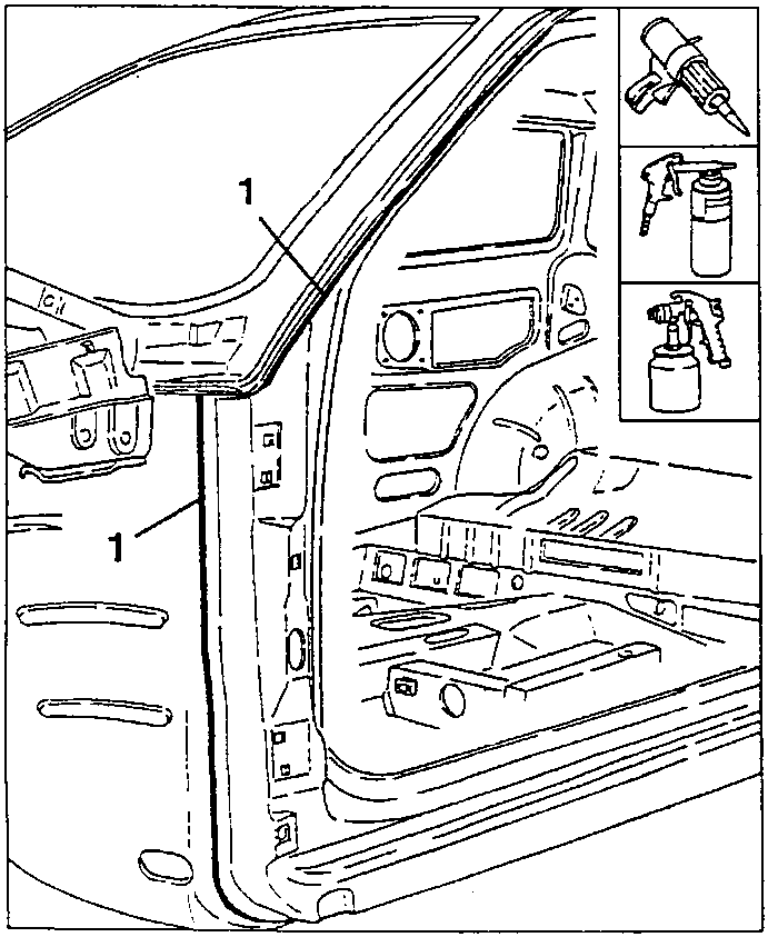Sealant applied along the highlighted lines of the front pillar, positions 1