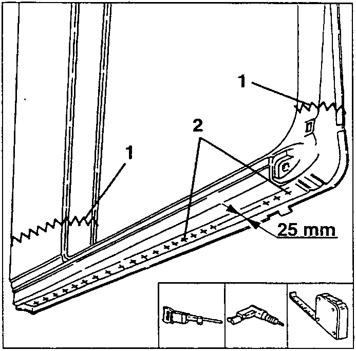 Door sill rail with drilling points 2 and cut lines 1, with a 25 mm dimension