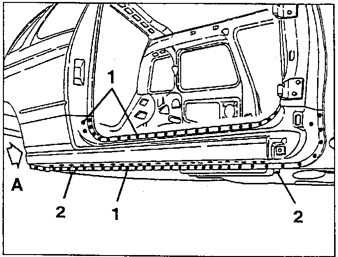 Door sill rail with welding points (1) and clinch tabs (2); view A arrowed