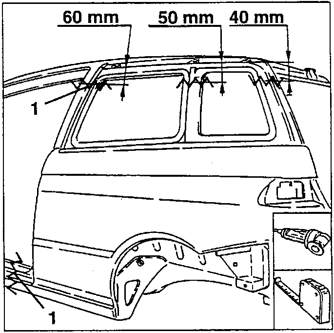 Rear wing with cut lines (1) and dimensions 60 mm, 50 mm and 40 mm
