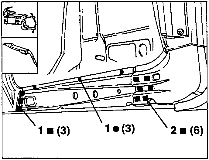 Tack and MIG welding the door sill frame: weld counts 1 (3), 1 (3) and 2 (6)