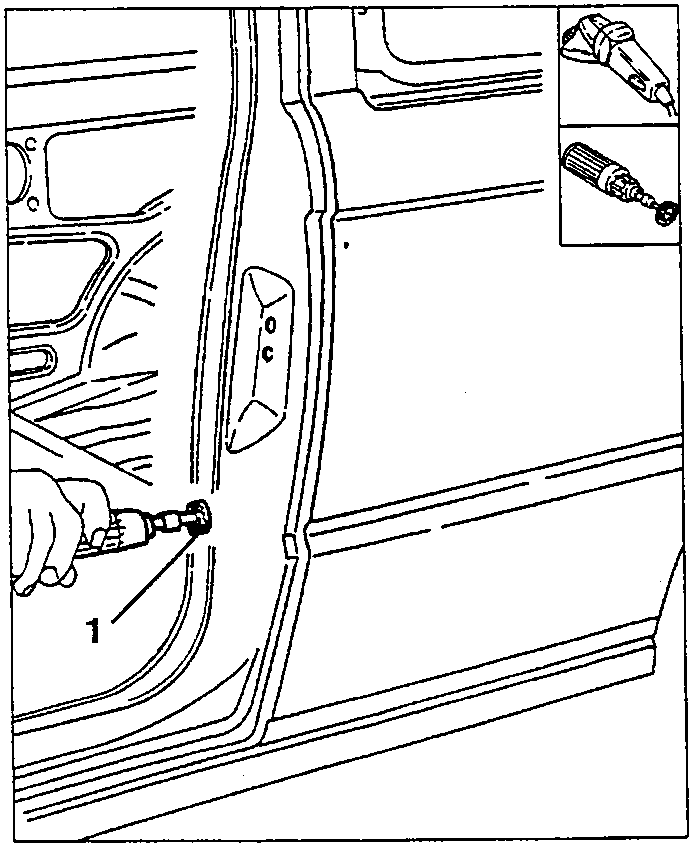 Illustration showing a hand using a rotating brush to clean welded areas on a car door panel.