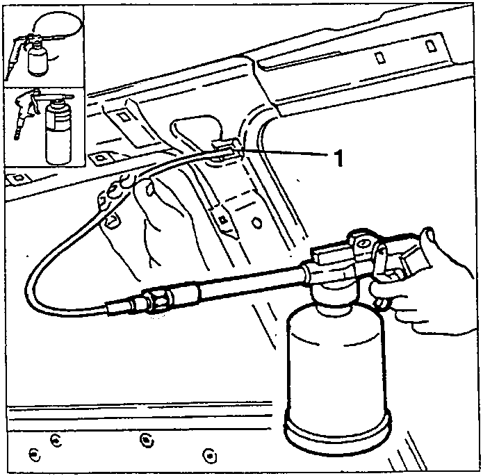Illustration showing a person applying a corrosion inhibitor using a spray gun connected to a canister.