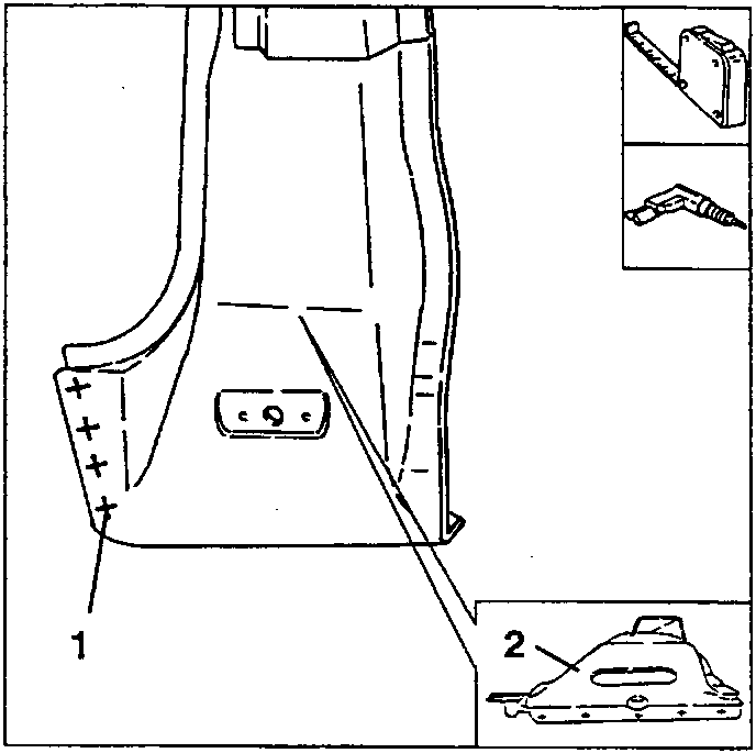 Diagram showing the tracing and perforation of the new pillar with a drill bit and a tool for marking the wheel arch area.