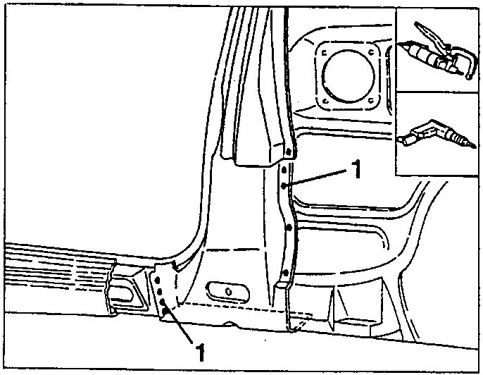Close-up of the central pillar area showing welding points marked as '1' and a spot cutter tool.