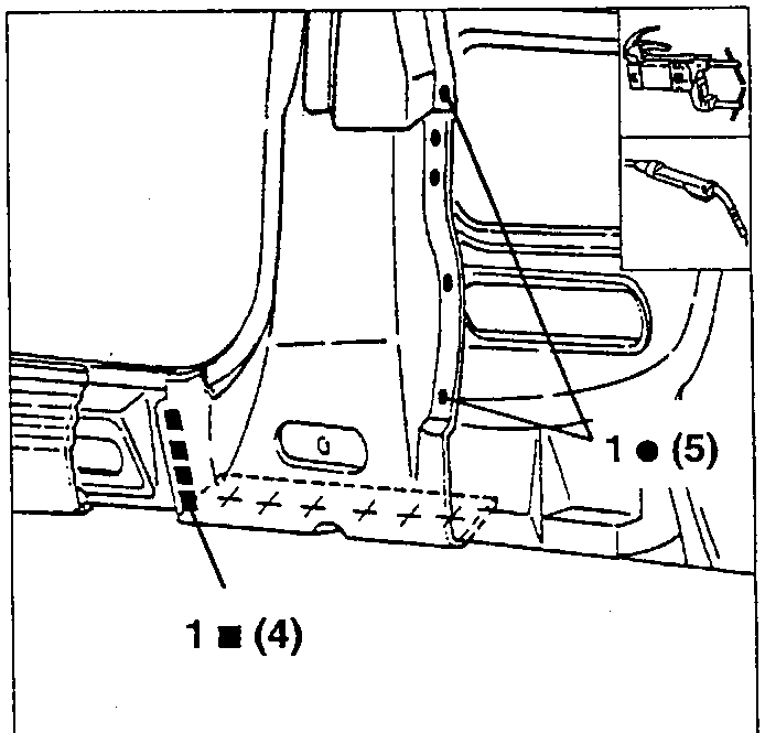 Weld points on the pillar and sill: 1 (4) spot welds, 1 (5) MIG welds