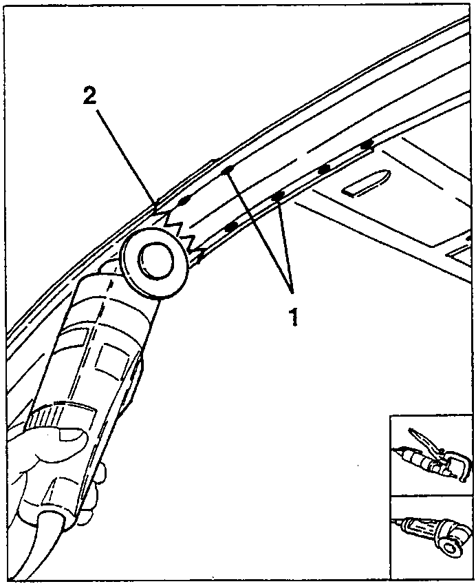 Cutting the roof rail area with a circular saw; welding points 1 and cut line 2