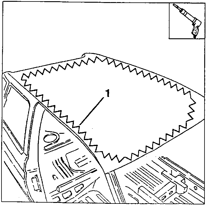Cut line 1 around the roof panel, chisel tool shown