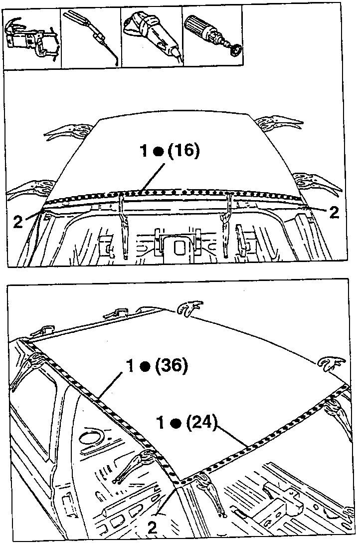 Spot weld points 1 (16), 1 (36), 1 (24) and braze-weld corners 2 of the roof panel