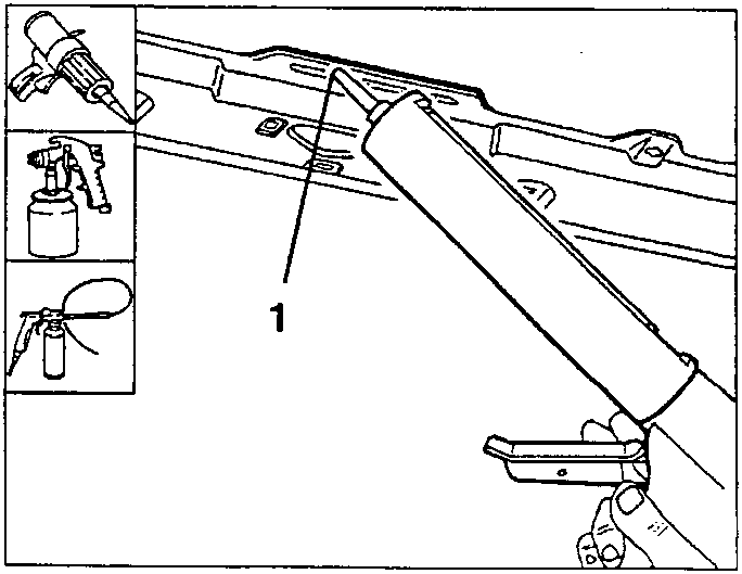 Applying sealant to the front inner part of the roof panel with a sealant gun (1)