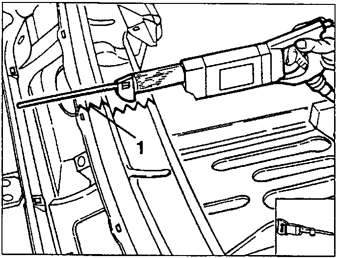 Cutting the windscreen frame with a jig saw along line 1