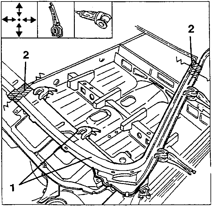 Front windscreen frame positioned with clamps (1) and trim areas 2