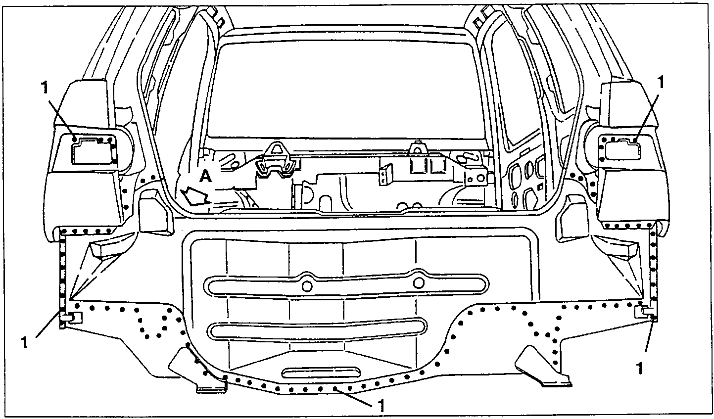 Rear panel with welding points 1 and detail A arrowed