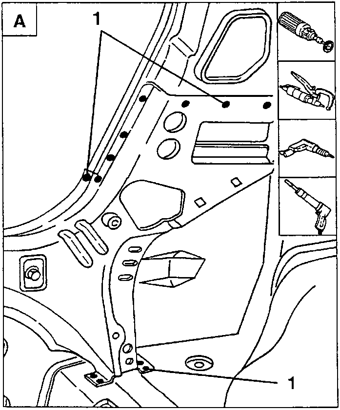 Detail A: welding points 1 and tools