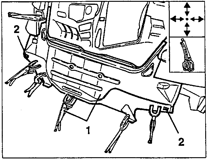 Rib positioned with clamps 1 and clinch tabs 2