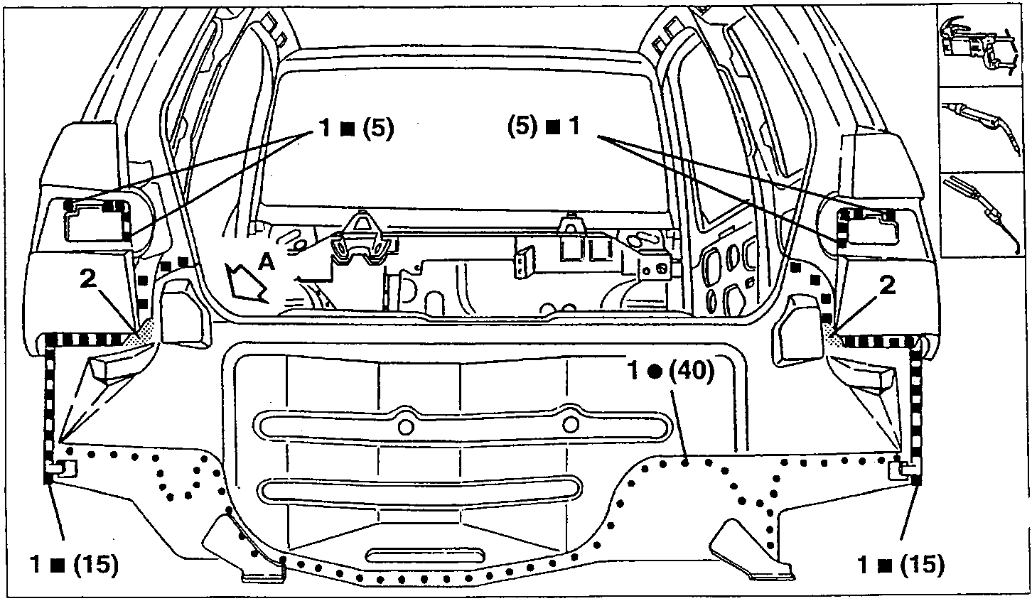 Rear panel weld points 1 (5), 1 (40), 1 (15), braze welds 2 and detail A arrowed