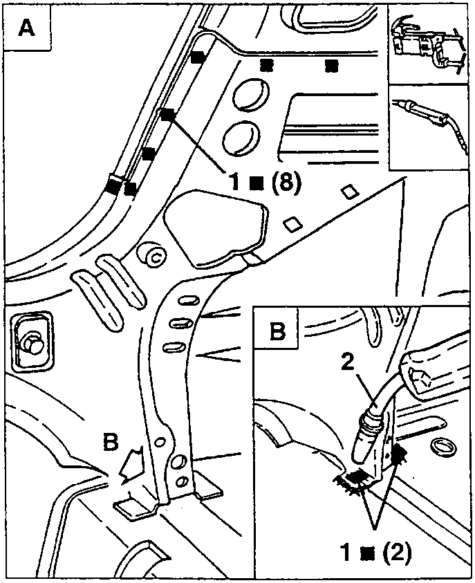 Detail A: spot weld points 1 (8); detail B: weld points 1 (2) and MIG seam 2
