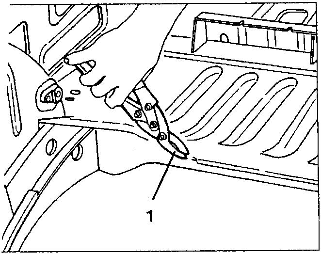 Person using shears to trim a floor panel, labeled 1
