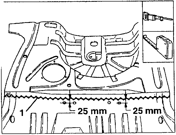 Diagram showing a floor panel with measurements: 25 mm on both sides of a central line, labeled 1