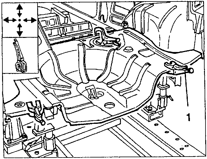 Diagram showing a partial rear floor panel being positioned and clamped, labeled 1