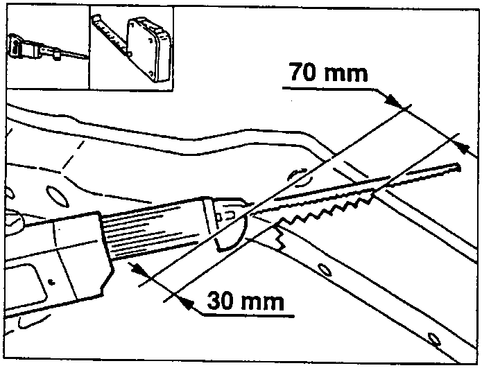 Jig saw cutting a cross-member with 70 mm and 30 mm measurements