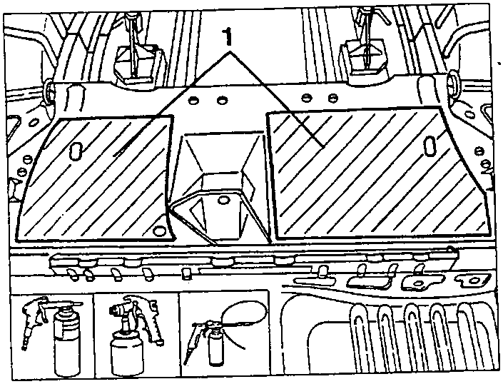 Diagram showing refitting sound-proofing carpets in a car's interior with tools and spray cans below.