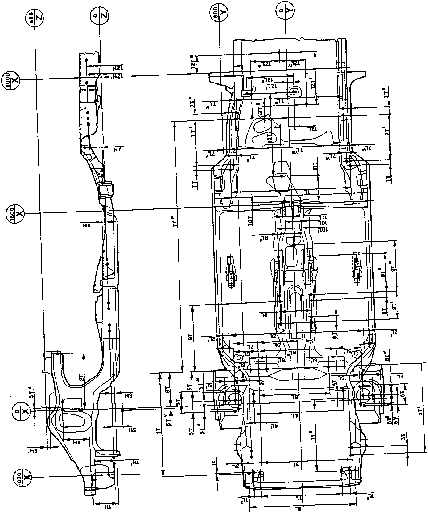 Body squaring drawing of the Boxer versions: underbody plan view and side view with reference dimensions L, T and H