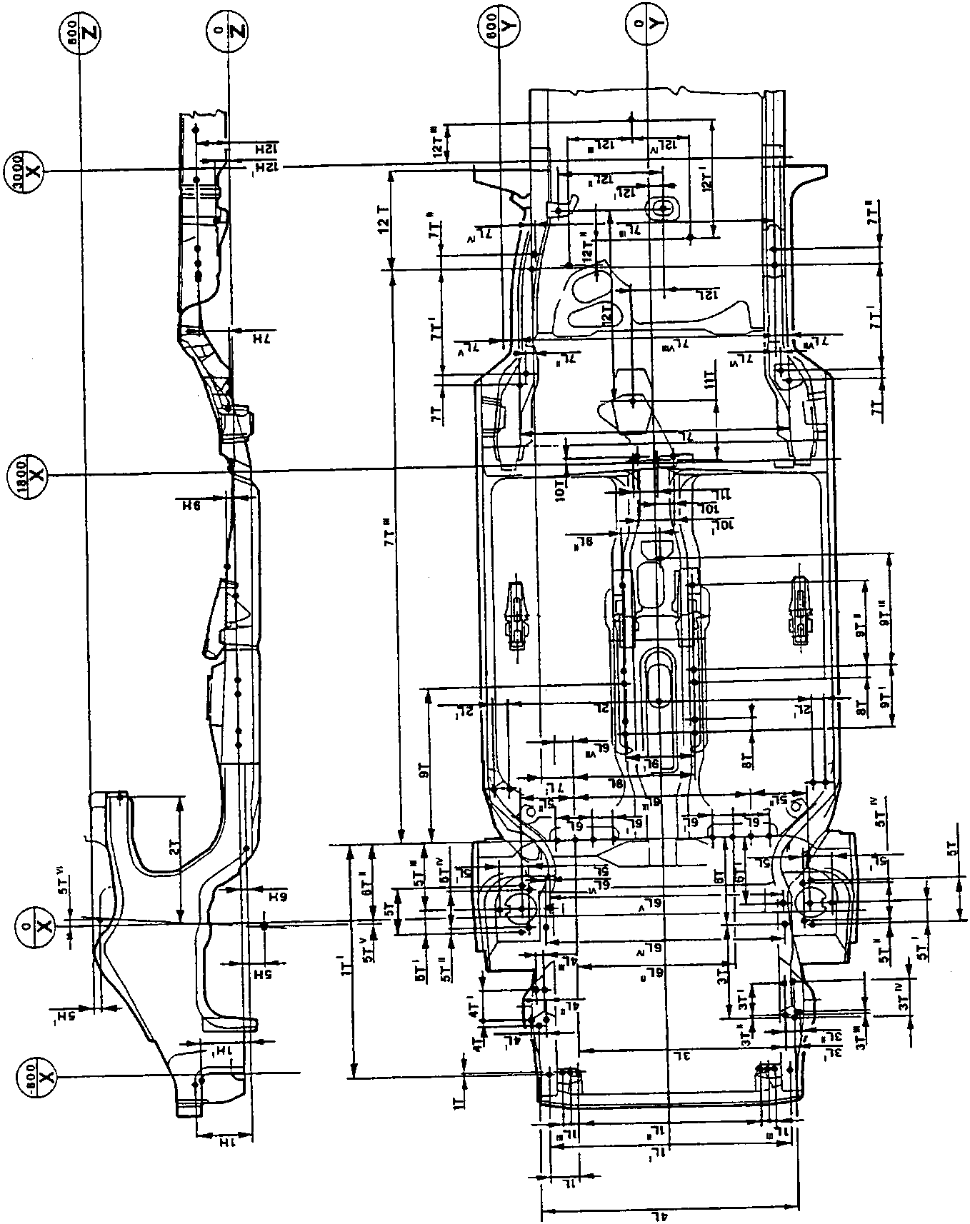 Body squaring drawing of the Turbodiesel versions: underbody plan view and side view with reference dimensions L, T and H