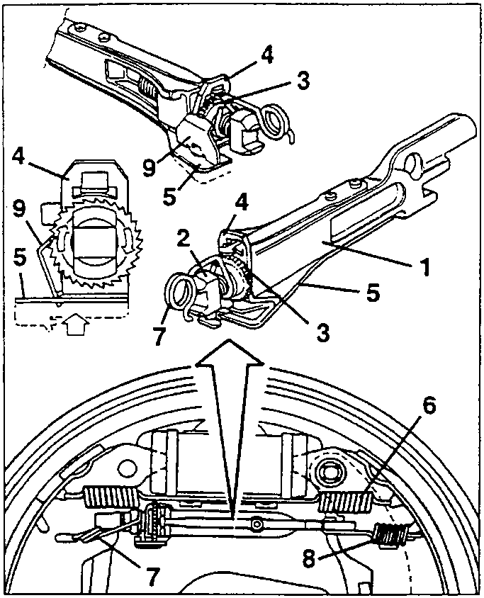 Self-adjusting device for the rear drum brake shoes with components 1 to 9 and the drum brake assembly