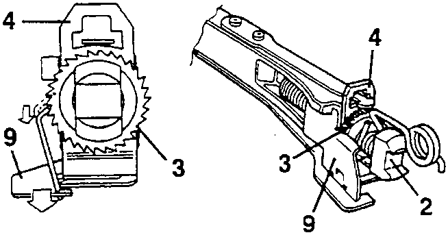 Toothed ring nut 3 with plate 4 and catch 9 during release of the brake