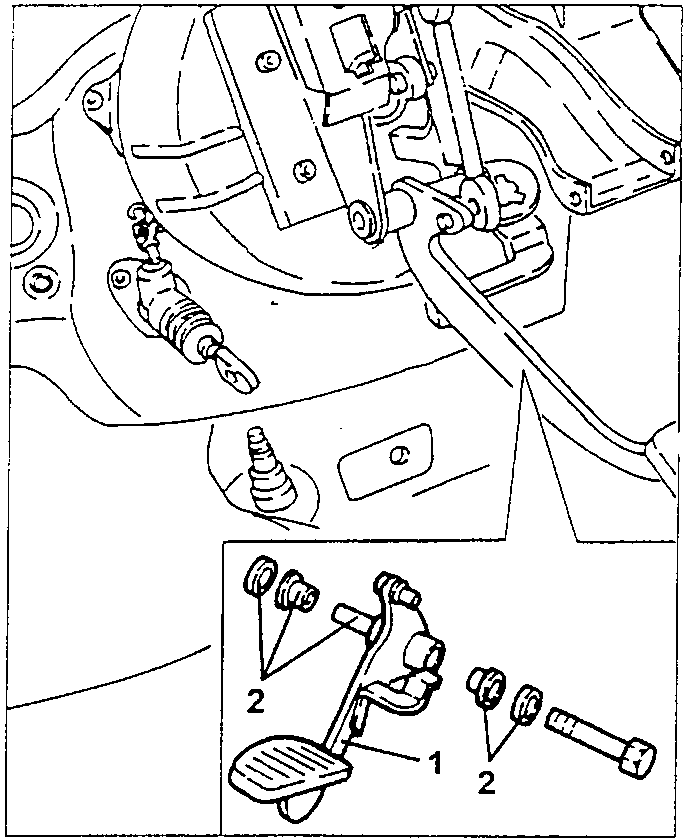 Diagram showing brake pedal removal with labeled parts 1 and 2.