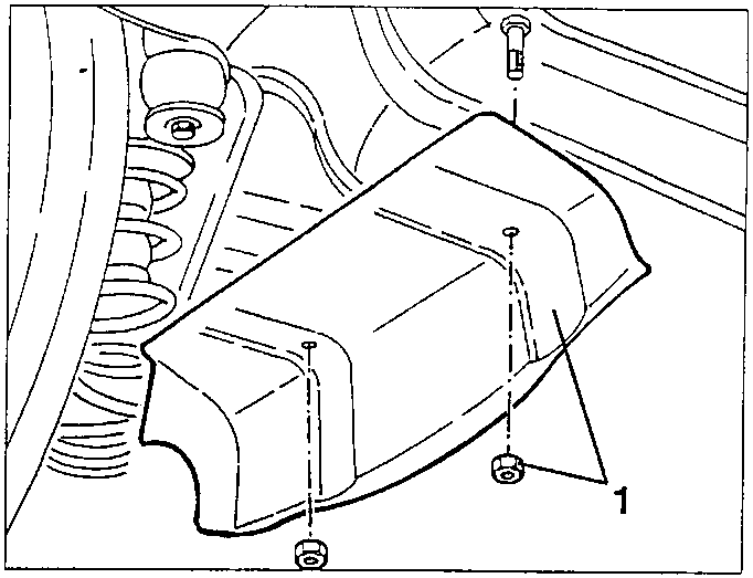 Diagram showing removal of heat guard from exhaust pipe with labeled part 1.