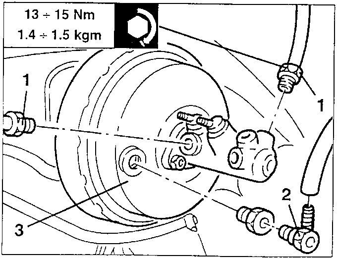 Diagram showing brake booster unit with labeled parts 1, 2, and 3.