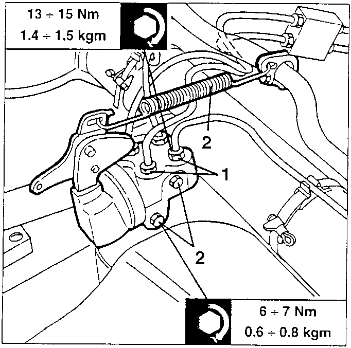 Diagram showing brake force distributor with labeled parts 1 and 2.